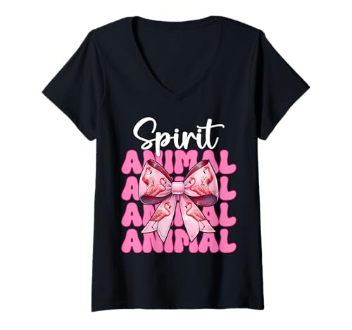 Damen Spirit Animal Flamingo Girl Mom Rosa Kokette Schleife T-Shirt mit V-Ausschnitt von Womens Pink Coquette Bow Flamingo Animal Gifts
