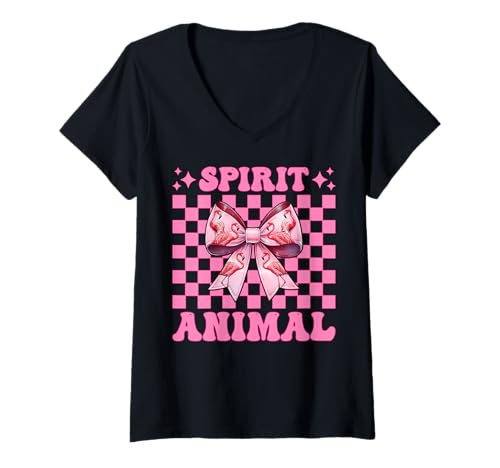 Damen Spirit Animal Flamingo Girl Mom Rosa Kokette Schleife T-Shirt mit V-Ausschnitt von Womens Pink Coquette Bow Flamingo Animal Gifts