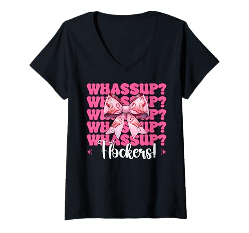 Damen Whassup? Flockers! Lustige Flamingo-Mädchen-Mama-Schleife, Rosa T-Shirt mit V-Ausschnitt von Womens Pink Coquette Bow Flamingo Animal Gifts