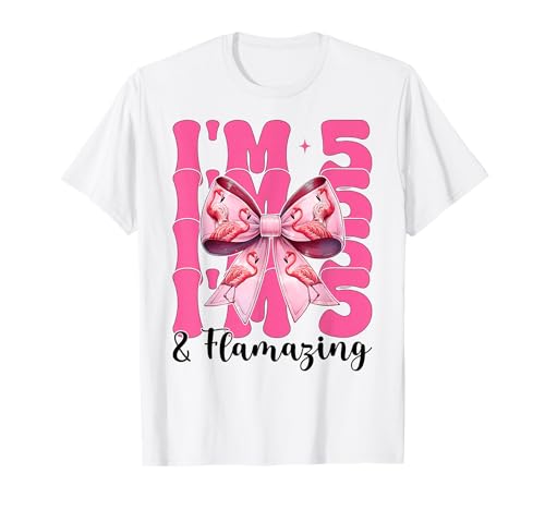 Flamingo Geburtstag 5 Jahre alt Mädchen Kokette 5 & Flamazing T-Shirt von Womens Pink Coquette Bow Flamingo Animal Gifts