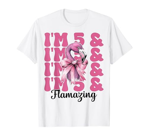 Flamingo Geburtstag 5 Jahre alt Mädchen Kokette 5 & Flamazing T-Shirt von Womens Pink Coquette Bow Flamingo Animal Gifts