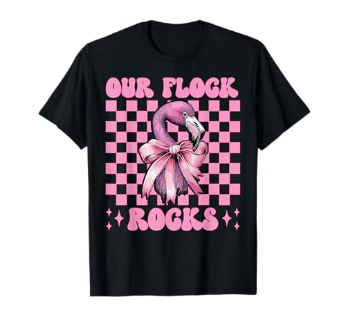 Lustiger pinkfarbener Kokettenbogen für Mädchen, Mama, Our Flock Rocks T-Shirt von Womens Pink Coquette Bow Flamingo Animal Gifts