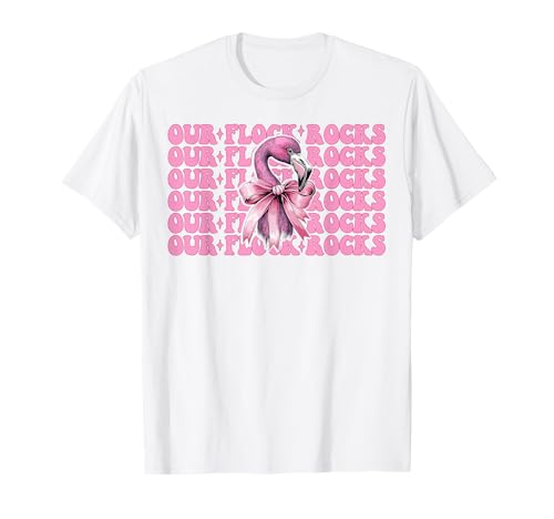 Lustiger pinkfarbener Kokettenbogen für Mädchen, Mama, Our Flock Rocks T-Shirt von Womens Pink Coquette Bow Flamingo Animal Gifts