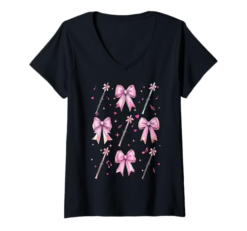 Damen Flöteninstrument Flutist Girl Kokette Bogen Rosa Mama T-Shirt mit V-Ausschnitt Damen Flöteninstrument Flutist Girl Kokette Bogen Rosa Mama T-Shirt mit V-Ausschnitt von Womens Pink Coquette Bow Flute Instrument Gifts
