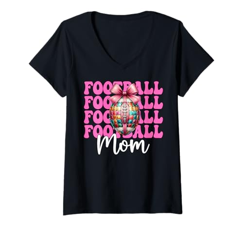Damen Fußball Mama Muttertag Rosa Kokette Schleife T-Shirt mit V-Ausschnitt Damen Fußball Mama Muttertag Rosa Kokette Schleife T-Shirt mit V-Ausschnitt von Womens Pink Coquette Bow Football Player Gifts
