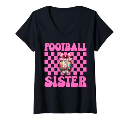 Damen Fußball Schwester Kokette T-Shirt mit V-Ausschnitt Damen Fußball Schwester Kokette T-Shirt mit V-Ausschnitt von Womens Pink Coquette Bow Football Player Gifts