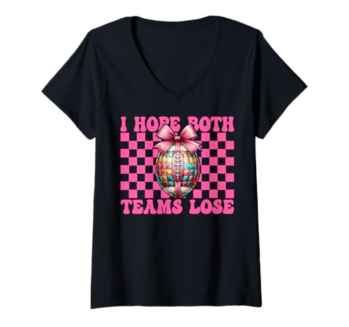 Damen Ich hoffe, beide Teams verlieren Lustiges Fußballmädchen Mama Muttertag T-Shirt mit V-Ausschnitt von Womens Pink Coquette Bow Football Player Gifts
