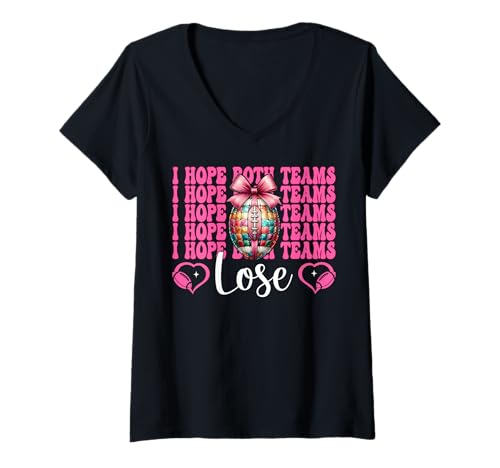 Damen Ich hoffe, beide Teams verlieren Lustiges Fußballmädchen Mama Muttertag T-Shirt mit V-Ausschnitt Damen Ich hoffe, beide Teams verlieren Lustiges Fußballmädchen Mama Muttertag T-Shirt mit V-Ausschnitt von Womens Pink Coquette Bow Football Player Gifts