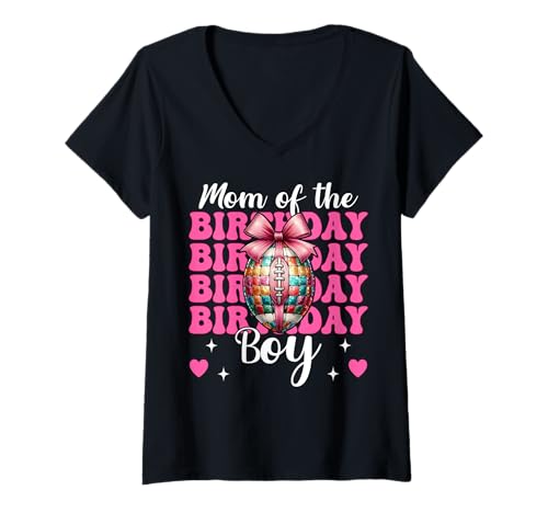 Damen Mama des Geburtstagskindes Football Mama Mama Pink Coquette Bow T-Shirt mit V-Ausschnitt Damen Mama des Geburtstagskindes Football Mama Mama Pink Coquette Bow T-Shirt mit V-Ausschnitt von Womens Pink Coquette Bow Football Player Gifts
