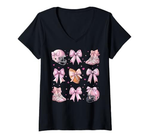 Damen Fußball Sport Spieler Mädchen Kokette Schleife Rosa Mama Mama T-Shirt mit V-Ausschnitt Damen Fußball Sport Spieler Mädchen Kokette Schleife Rosa Mama Mama T-Shirt mit V-Ausschnitt von Womens Pink Coquette Bow Football Sport Gifts