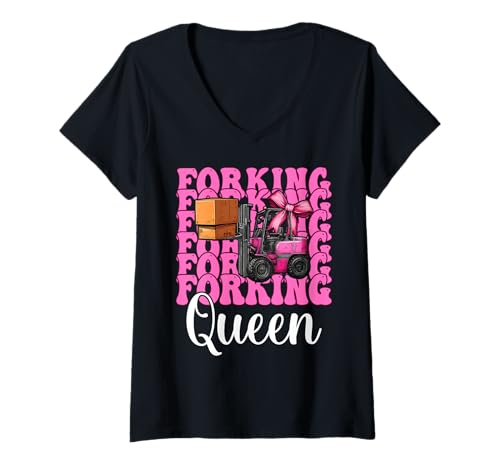 Damen Forking Queen Gabelstaplerfahrer Gabelstaplerfahrer Mädchen Mama T-Shirt mit V-Ausschnitt von Womens Pink Coquette Bow Forklift Operator Gifts