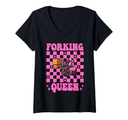 Damen Forking Queen Gabelstaplerfahrer Gabelstaplerfahrer Mädchen Mama T-Shirt mit V-Ausschnitt von Womens Pink Coquette Bow Forklift Operator Gifts