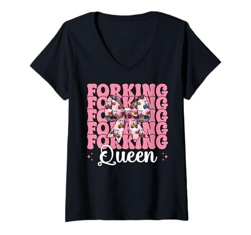 Damen Forking Queen Gabelstaplerfahrer Gabelstaplerfahrer Mädchen Mama T-Shirt mit V-Ausschnitt von Womens Pink Coquette Bow Forklift Operator Gifts