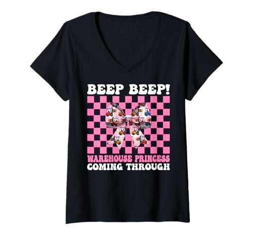 Damen Gabelstapler Operator Girl Warehouse Princess Coming Through T-Shirt mit V-Ausschnitt von Womens Pink Coquette Bow Forklift Operator Gifts