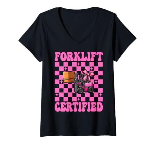 Damen Gabelstapler zertifizierter Gabelstaplerfahrer Gabelstaplerfahrer Mädchen T-Shirt mit V-Ausschnitt von Womens Pink Coquette Bow Forklift Operator Gifts
