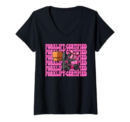 Damen Gabelstapler zertifizierter Gabelstaplerfahrer Gabelstaplerfahrer Mädchen T-Shirt mit V-Ausschnitt von Womens Pink Coquette Bow Forklift Operator Gifts
