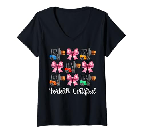 Damen Gabelstapler zertifizierter Gabelstaplerfahrer Gabelstaplerfahrer Mädchen T-Shirt mit V-Ausschnitt von Womens Pink Coquette Bow Forklift Operator Gifts