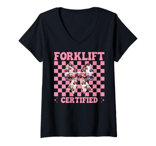 Damen Gabelstapler zertifizierter Gabelstaplerfahrer Gabelstaplerfahrer Mädchen T-Shirt mit V-Ausschnitt von Womens Pink Coquette Bow Forklift Operator Gifts