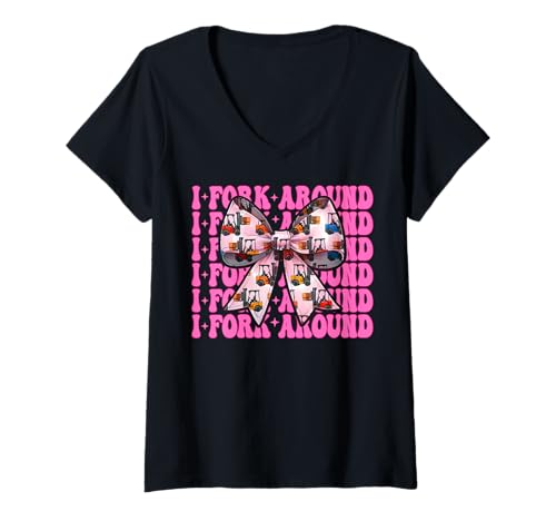 Damen I Fork Around Gabelstapler Bediener Gabelstapler Fahrer Mädchen Mama T-Shirt mit V-Ausschnitt von Womens Pink Coquette Bow Forklift Operator Gifts