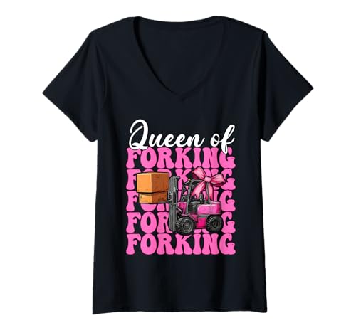 Damen Queen of Forking Gabelstapler Bediener Gabelstapler Fahrer Mädchen Mama T-Shirt mit V-Ausschnitt von Womens Pink Coquette Bow Forklift Operator Gifts