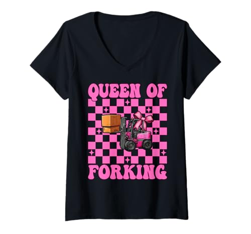 Damen Queen of Forking Gabelstapler Bediener Gabelstapler Fahrer Mädchen Mama T-Shirt mit V-Ausschnitt von Womens Pink Coquette Bow Forklift Operator Gifts