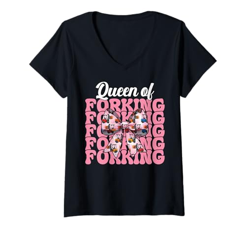 Damen Queen of Forking Gabelstapler Bediener Gabelstapler Fahrer Mädchen Mama T-Shirt mit V-Ausschnitt von Womens Pink Coquette Bow Forklift Operator Gifts