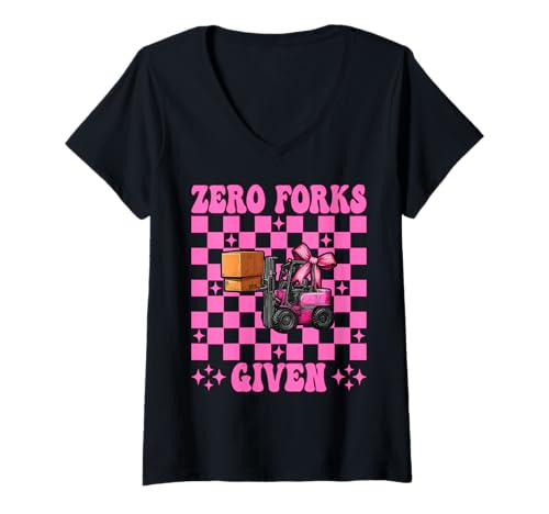 Damen Zero Forks Given Gabelstapler Bediener Gabelstapler Fahrer Mädchen Mama T-Shirt mit V-Ausschnitt von Womens Pink Coquette Bow Forklift Operator Gifts