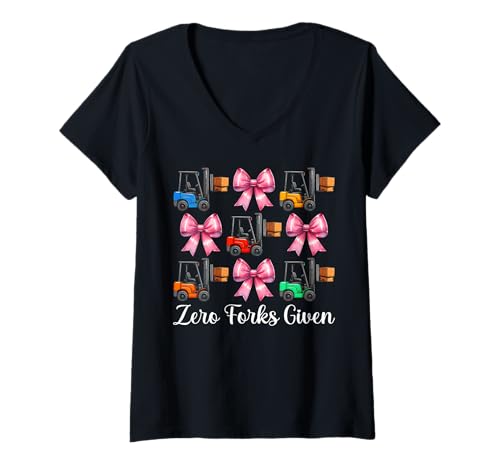 Damen Zero Forks Given Gabelstapler Bediener Gabelstapler Fahrer Mädchen Mama T-Shirt mit V-Ausschnitt von Womens Pink Coquette Bow Forklift Operator Gifts