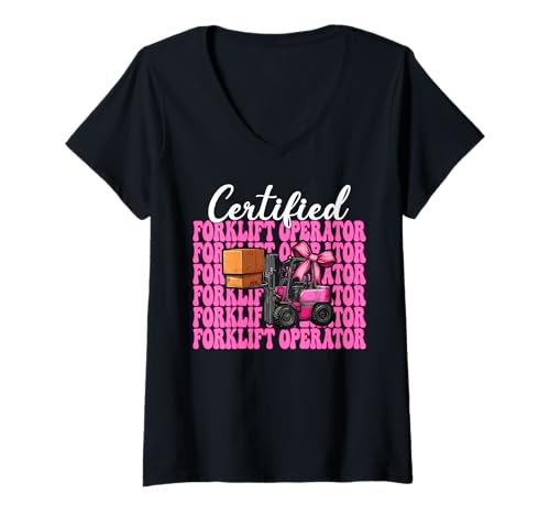 Damen Zertifizierter Gabelstaplerfahrer Gabelstaplerfahrer Mädchen T-Shirt mit V-Ausschnitt von Womens Pink Coquette Bow Forklift Operator Gifts