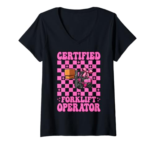 Damen Zertifizierter Gabelstaplerfahrer Gabelstaplerfahrer Mädchen T-Shirt mit V-Ausschnitt von Womens Pink Coquette Bow Forklift Operator Gifts