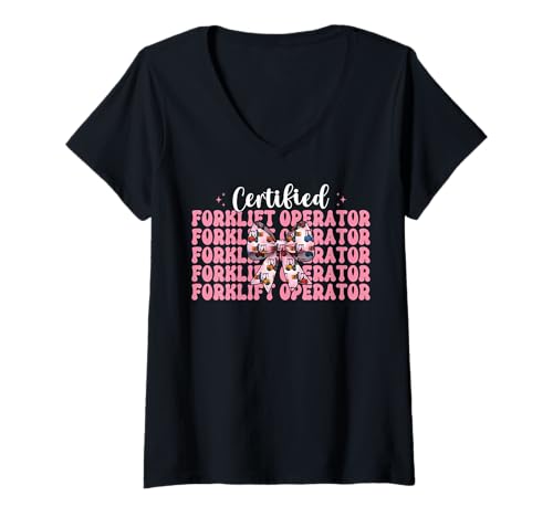Damen Zertifizierter Gabelstaplerfahrer Gabelstaplerfahrer Mädchen T-Shirt mit V-Ausschnitt von Womens Pink Coquette Bow Forklift Operator Gifts