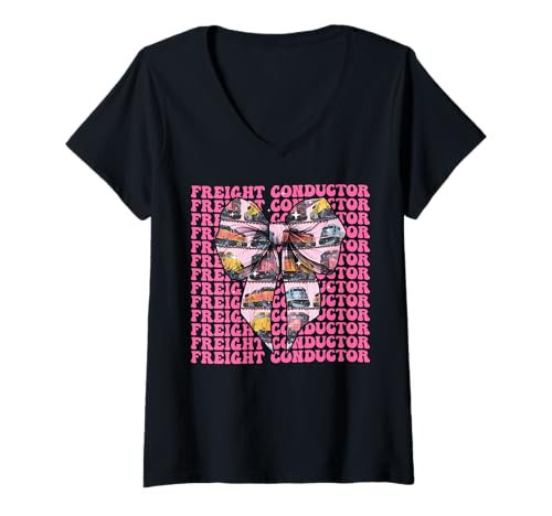 Damen Güterleiter Zug Fahrer Lokomotive Zug Mädchen T-Shirt mit V-Ausschnitt von Womens Pink Coquette Bow Freight Conductor Gifts