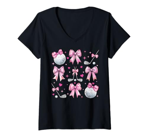 Damen Golfschlägerball Mädchen Kokette Schleife Rosa Mama T-Shirt mit V-Ausschnitt von Womens Pink Coquette Bow Golf Player Gifts