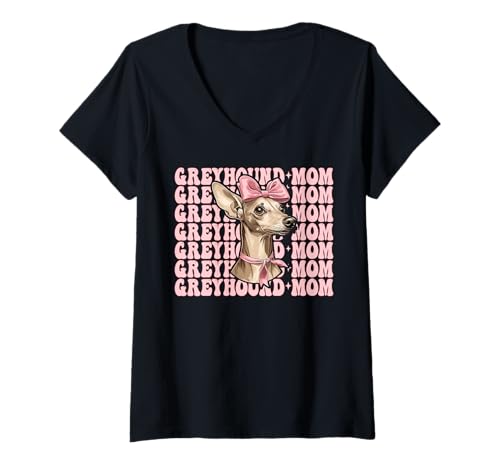 Damen Greyhound Mom Mama Hund Muttertag Kokette Schleife T-Shirt mit V-Ausschnitt von Womens Pink Coquette Bow Greyhound Dog Gifts
