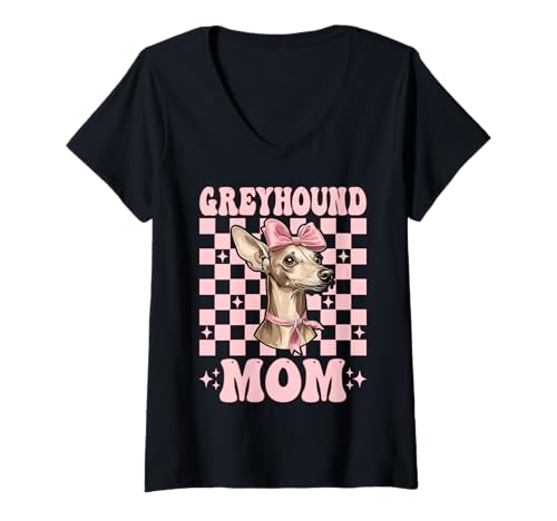 Damen Greyhound Mom Mama Hund Muttertag Kokette Schleife T-Shirt mit V-Ausschnitt von Womens Pink Coquette Bow Greyhound Dog Gifts