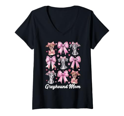 Damen Greyhound Mom Mama Hund Muttertag Kokette Schleife T-Shirt mit V-Ausschnitt von Womens Pink Coquette Bow Greyhound Dog Gifts
