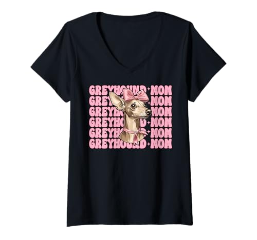 Damen Greyhound Mom Mama Hund Muttertag Kokette Schleife T-Shirt mit V-Ausschnitt von Womens Pink Coquette Bow Greyhound Dog Gifts