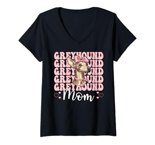 Damen Greyhound Mom Mama Hund Muttertag Kokette Schleife T-Shirt mit V-Ausschnitt von Womens Pink Coquette Bow Greyhound Dog Gifts