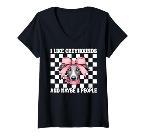 Damen Ich mag Windhunde und vielleicht 3 Leute Windhund T-Shirt mit V-Ausschnitt von Womens Pink Coquette Bow Greyhound Dog Gifts