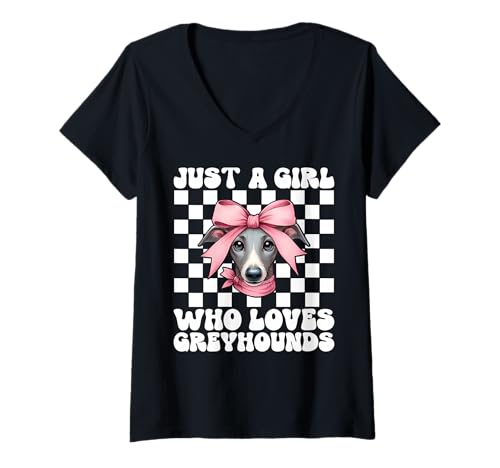 Damen Just A Girl Who Loves Greyhounds Windhund Kokette Schleife T-Shirt mit V-Ausschnitt Damen Just A Girl Who Loves Greyhounds Windhund Kokette Schleife T-Shirt mit V-Ausschnitt von Womens Pink Coquette Bow Greyhound Dog Gifts