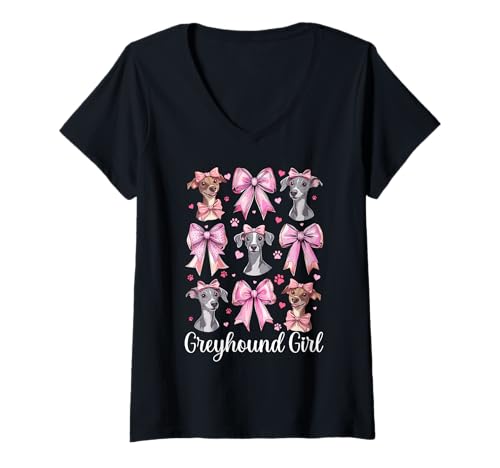 Damen Windhund Mädchen Rosa Kokette Schleife T-Shirt mit V-Ausschnitt Damen Windhund Mädchen Rosa Kokette Schleife T-Shirt mit V-Ausschnitt von Womens Pink Coquette Bow Greyhound Dog Gifts