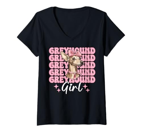 Damen Windhund Mädchen Rosa Kokette Schleife T-Shirt mit V-Ausschnitt Damen Windhund Mädchen Rosa Kokette Schleife T-Shirt mit V-Ausschnitt von Womens Pink Coquette Bow Greyhound Dog Gifts
