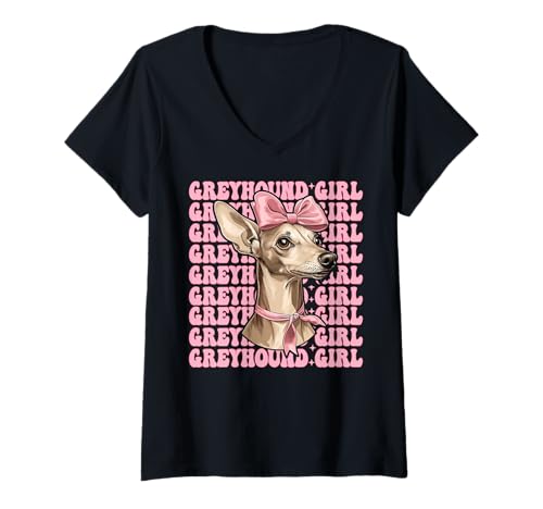 Damen Windhund Mädchen Rosa Kokette Schleife T-Shirt mit V-Ausschnitt Damen Windhund Mädchen Rosa Kokette Schleife T-Shirt mit V-Ausschnitt von Womens Pink Coquette Bow Greyhound Dog Gifts