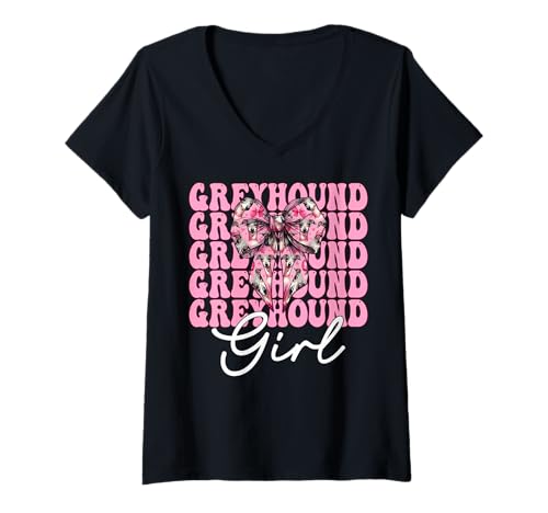Damen Windhund Mädchen Rosa Kokette Schleife T-Shirt mit V-Ausschnitt Damen Windhund Mädchen Rosa Kokette Schleife T-Shirt mit V-Ausschnitt von Womens Pink Coquette Bow Greyhound Dog Gifts
