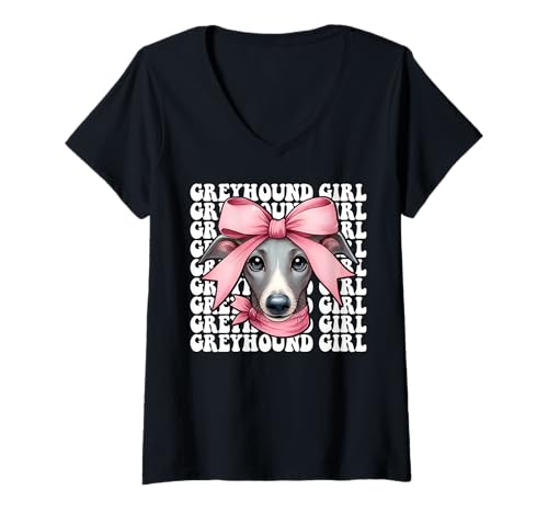 Damen Windhund Mädchen Rosa Kokette Schleife T-Shirt mit V-Ausschnitt Damen Windhund Mädchen Rosa Kokette Schleife T-Shirt mit V-Ausschnitt von Womens Pink Coquette Bow Greyhound Dog Gifts
