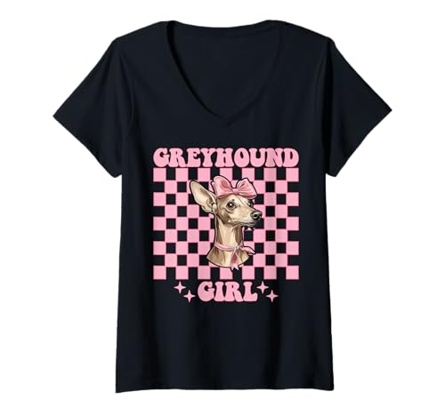 Damen Windhund Mädchen Rosa Kokette Schleife T-Shirt mit V-Ausschnitt Damen Windhund Mädchen Rosa Kokette Schleife T-Shirt mit V-Ausschnitt von Womens Pink Coquette Bow Greyhound Dog Gifts
