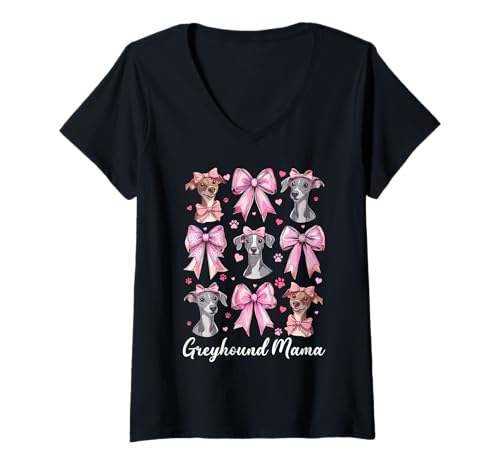 Damen Windhund Mama Mama Hund Muttertag Kokette Schleife T-Shirt mit V-Ausschnitt von Womens Pink Coquette Bow Greyhound Dog Gifts