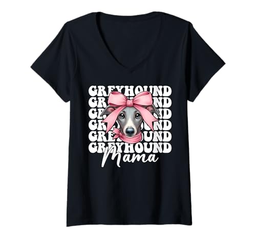 Damen Windhund Mama Mama Hund Muttertag Kokette Schleife T-Shirt mit V-Ausschnitt von Womens Pink Coquette Bow Greyhound Dog Gifts