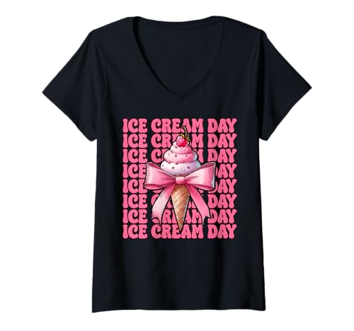 Damen Ice Cream Day Coquette Schleife für Mädchen und Mama, Rosa T-Shirt mit V-Ausschnitt von Womens Pink Coquette Bow Ice Cream Cone Gifts