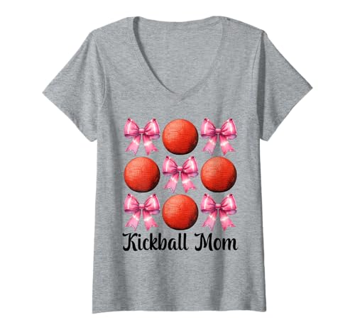 Damen Kickball Mom Mama Muttertag Rosa Kokette Schleife T-Shirt mit V-Ausschnitt von Womens Pink Coquette Bow Kickball Player Gifts